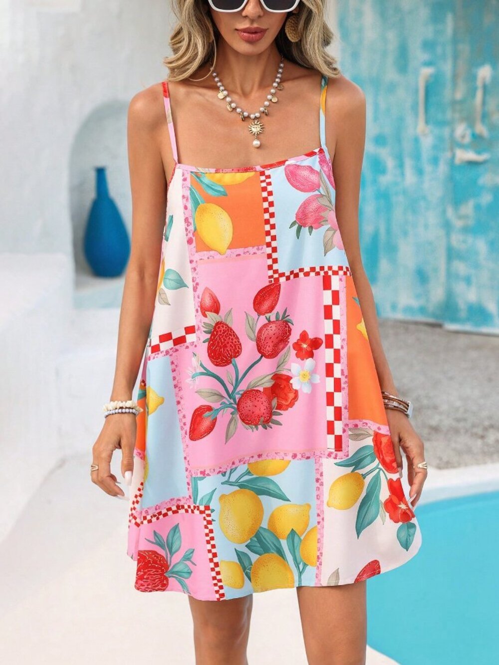 Multicolor Casual Women's fruist print a-line Mini Dress - Picture 3 of 8
